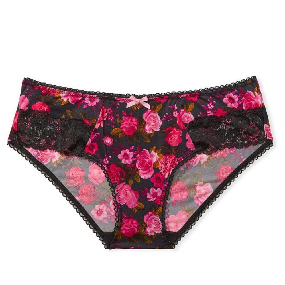 Low rise hip hugger style w/fabric Satiny microfiber & black floral lace trim
